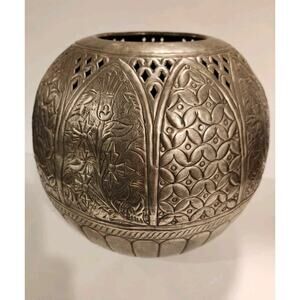 Vtg Brass Vase Handmade Silver Tone Repoussé Rustic Decor Large Garden Planter